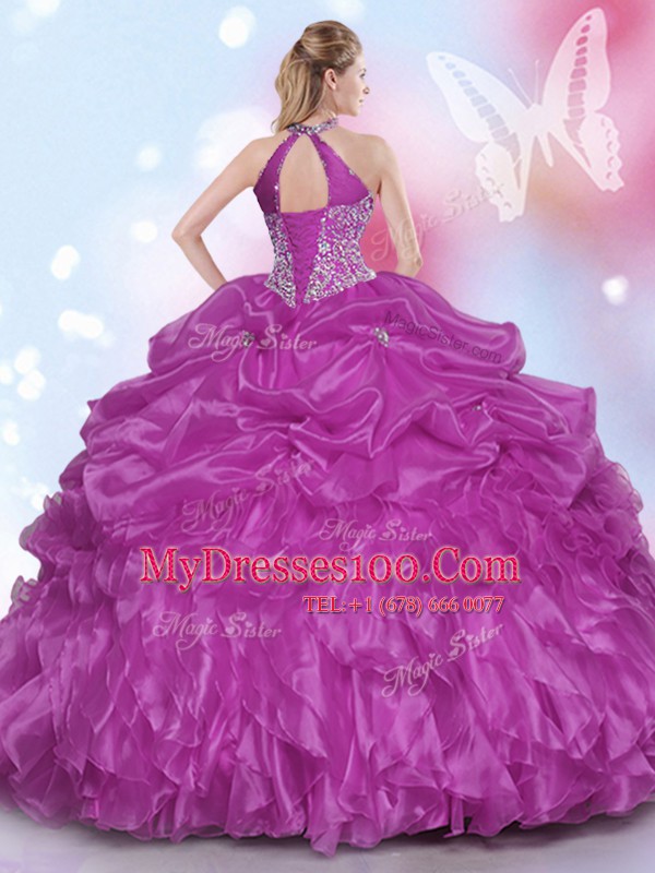 Halter Top Sleeveless Appliques and Pick Ups Lace Up Quinceanera Dress