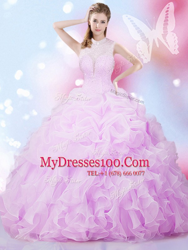 Sweet Lilac High-neck Neckline Beading and Ruffles and Pick Ups Quinceanera Gown Sleeveless Lace Up