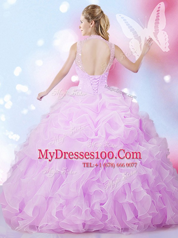 Sweet Lilac High-neck Neckline Beading and Ruffles and Pick Ups Quinceanera Gown Sleeveless Lace Up
