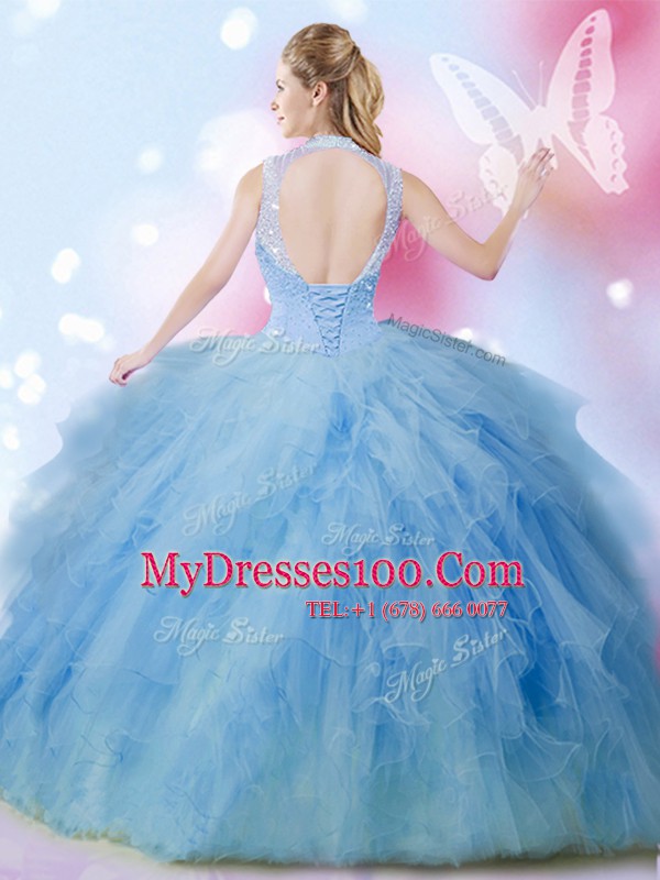 High-neck Sleeveless 15 Quinceanera Dress Floor Length Beading and Ruffles Baby Blue Tulle