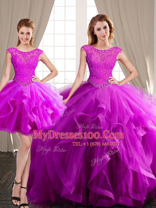 Attractive Three Piece Scoop Fuchsia Cap Sleeves Tulle Brush Train Lace Up 15 Quinceanera Dress for Military Ball and Sweet 16 and Quinceanera