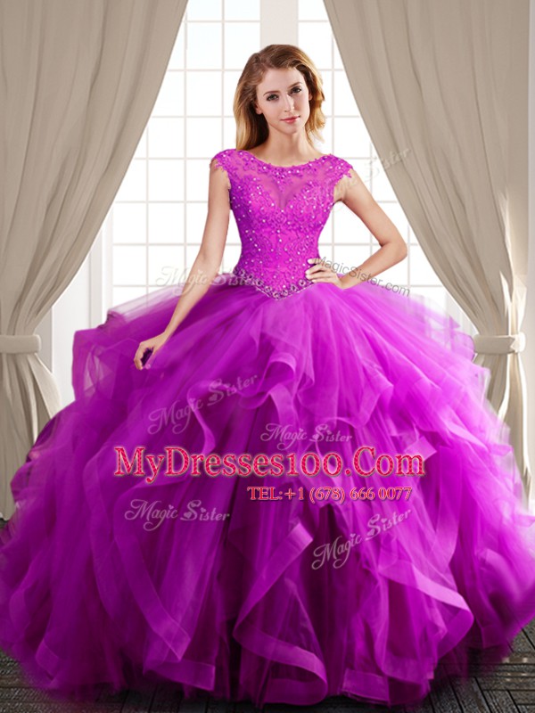 Attractive Three Piece Scoop Fuchsia Cap Sleeves Tulle Brush Train Lace Up 15 Quinceanera Dress for Military Ball and Sweet 16 and Quinceanera