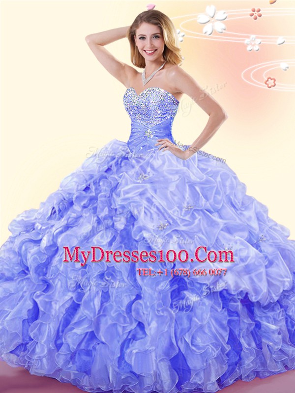 Glorious Blue Lace Up Sweet 16 Dresses Beading and Ruffles and Pick Ups Sleeveless Floor Length