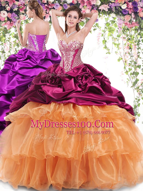 Glorious Sleeveless Organza and Taffeta With Brush Train Lace Up 15th Birthday Dress in Multi-color with Beading and Ruffled Layers and Pick Ups