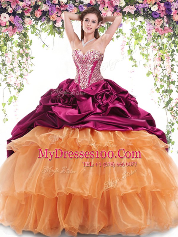 Glorious Sleeveless Organza and Taffeta With Brush Train Lace Up 15th Birthday Dress in Multi-color with Beading and Ruffled Layers and Pick Ups