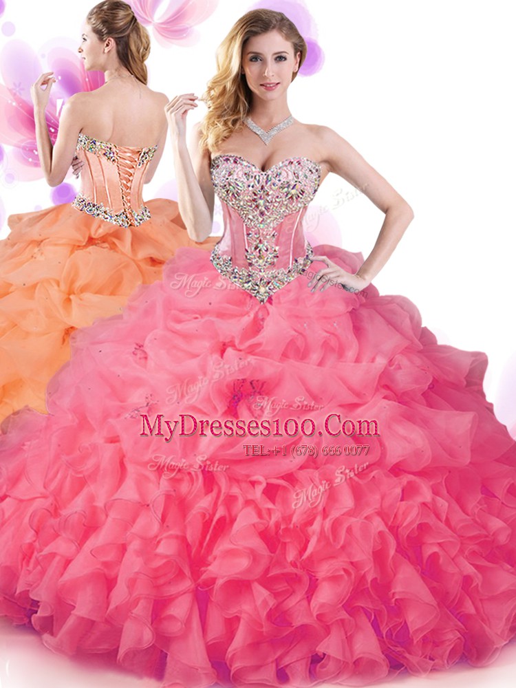 Trendy Sweetheart Sleeveless Organza 15th Birthday Dress Beading and Ruffles and Pick Ups Lace Up