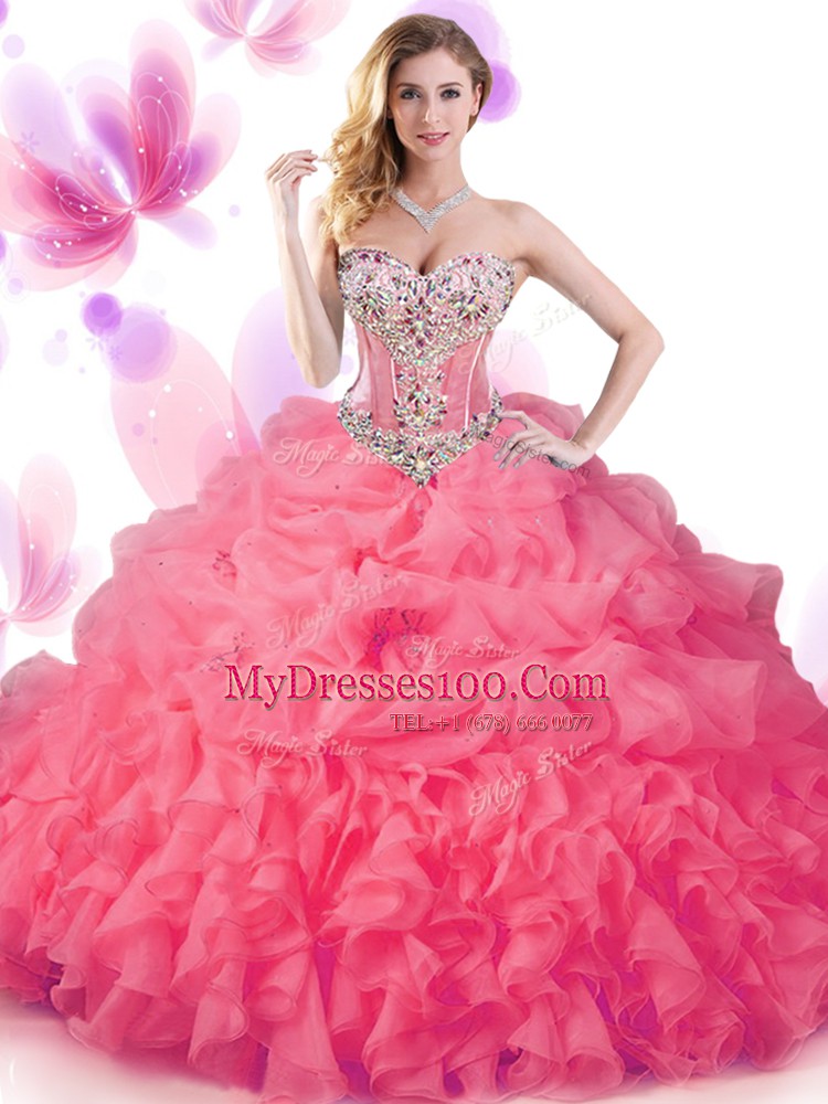 Trendy Sweetheart Sleeveless Organza 15th Birthday Dress Beading and Ruffles and Pick Ups Lace Up