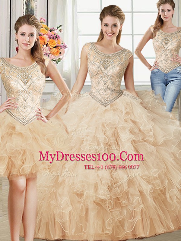 Fashionable Three Piece Scoop Sleeveless Tulle Floor Length Lace Up Quinceanera Dresses in Champagne with Beading and Ruffles