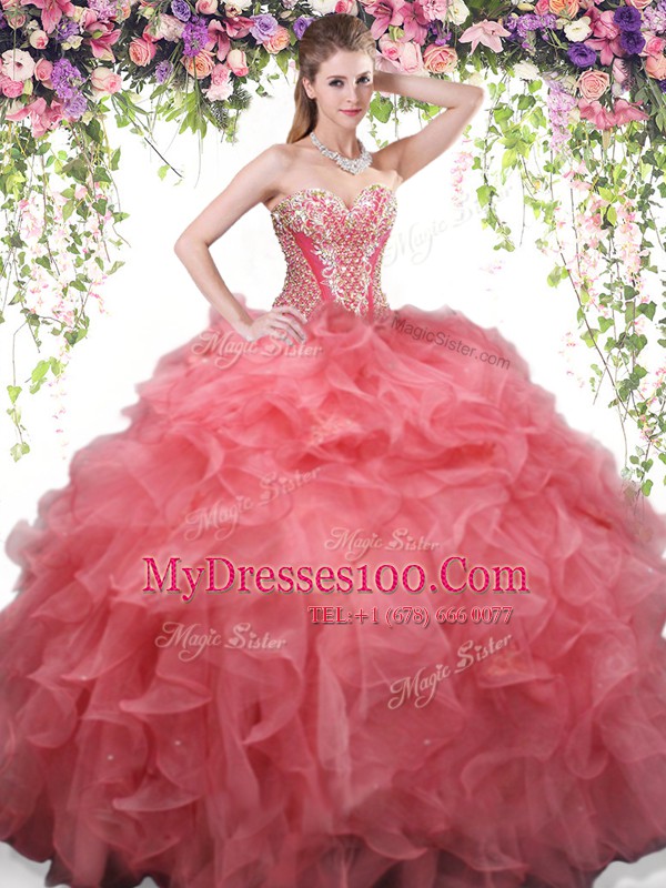 Most Popular Organza Sweetheart Sleeveless Lace Up Beading and Ruffles 15 Quinceanera Dress in Coral Red