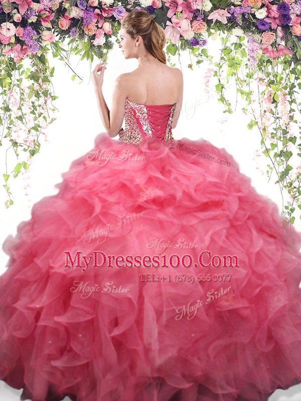 Most Popular Organza Sweetheart Sleeveless Lace Up Beading and Ruffles 15 Quinceanera Dress in Coral Red