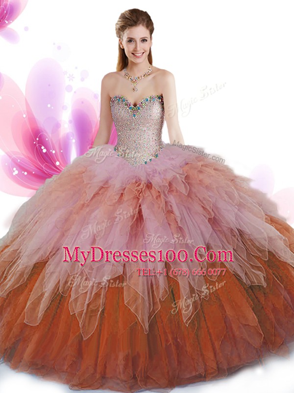 Flare Multi-color Ball Gowns Sweetheart Sleeveless Tulle Floor Length Lace Up Beading and Ruffles Quinceanera Dresses