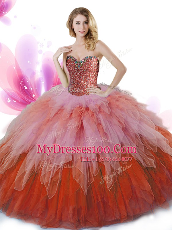 Flare Multi-color Ball Gowns Sweetheart Sleeveless Tulle Floor Length Lace Up Beading and Ruffles Quinceanera Dresses