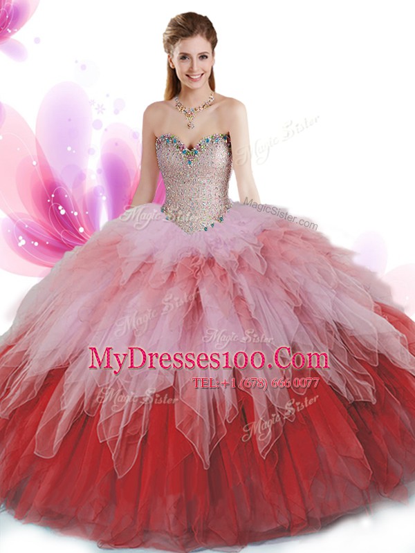 Flare Multi-color Ball Gowns Sweetheart Sleeveless Tulle Floor Length Lace Up Beading and Ruffles Quinceanera Dresses