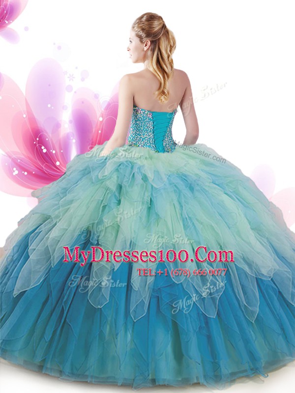 Flare Multi-color Ball Gowns Sweetheart Sleeveless Tulle Floor Length Lace Up Beading and Ruffles Quinceanera Dresses