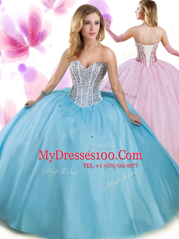 Aqua Blue Sleeveless Floor Length Beading Lace Up Sweet 16 Dress