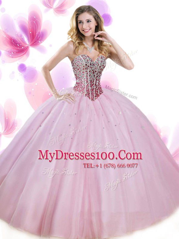 Aqua Blue Sleeveless Floor Length Beading Lace Up Sweet 16 Dress