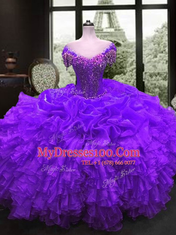 Custom Designed Organza Cap Sleeves Floor Length Quinceanera Gowns and Beading and Ruffles