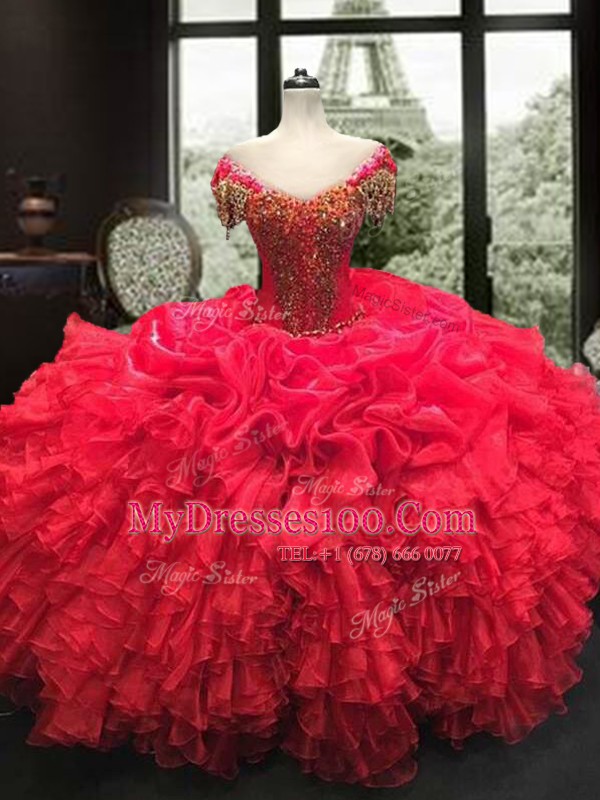 Sweetheart Cap Sleeves Lace Up Ball Gown Prom Dress Red Organza
