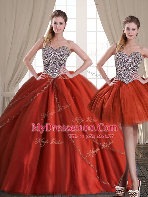 Classical Three Piece Sleeveless Brush Train Lace Up With Train Beading Sweet 16 Dresses