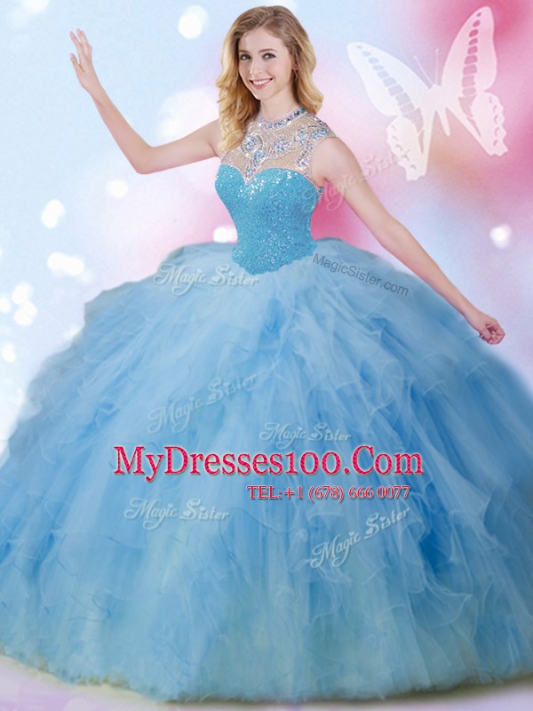 Chic Blue High-neck Neckline Beading and Ruffles and Sequins Quinceanera Dresses Sleeveless Zipper