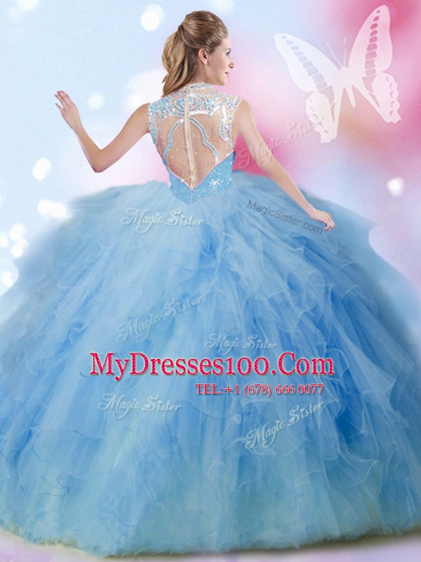 Chic Blue High-neck Neckline Beading and Ruffles and Sequins Quinceanera Dresses Sleeveless Zipper