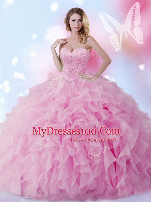 New Style Sleeveless Organza Floor Length Lace Up Ball Gown Prom Dress in Rose Pink with Beading and Ruffles
