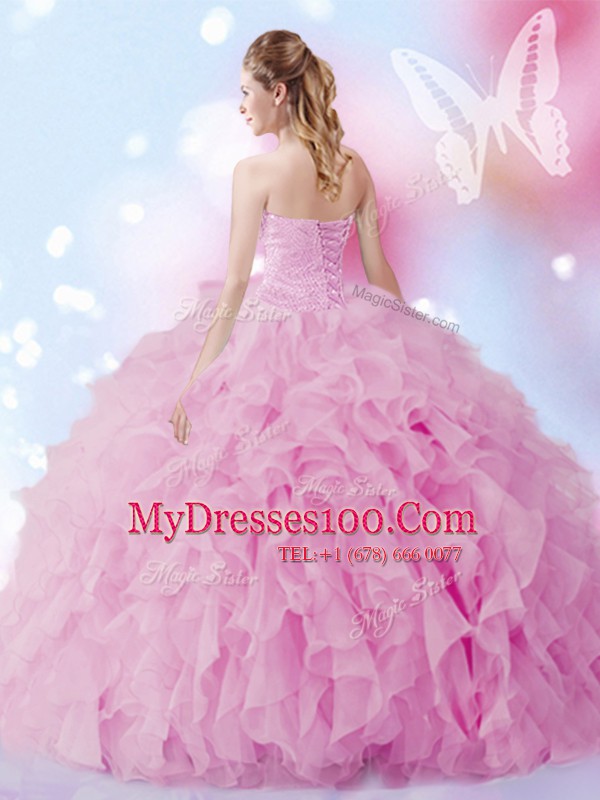 New Style Sleeveless Organza Floor Length Lace Up Ball Gown Prom Dress in Rose Pink with Beading and Ruffles