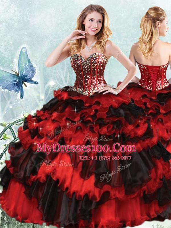 Sweet Floor Length Red And Black 15 Quinceanera Dress Organza Sleeveless Beading and Ruffled Layers and Sequins