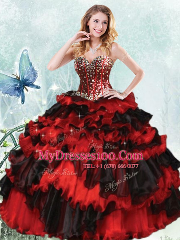 Sweet Floor Length Red And Black 15 Quinceanera Dress Organza Sleeveless Beading and Ruffled Layers and Sequins