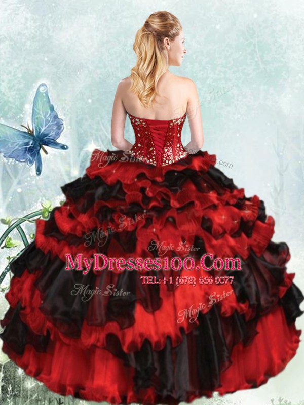 Sweet Floor Length Red And Black 15 Quinceanera Dress Organza Sleeveless Beading and Ruffled Layers and Sequins