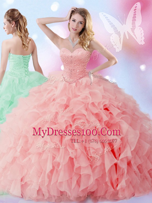 Watermelon Red Quinceanera Dress Military Ball and Sweet 16 and Quinceanera and For with Beading and Ruffles Sweetheart Sleeveless Lace Up
