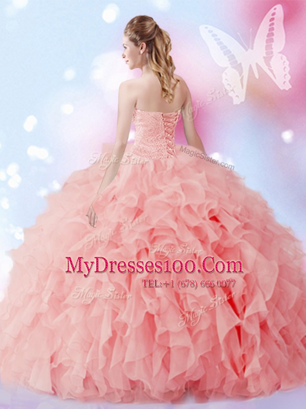 Watermelon Red Quinceanera Dress Military Ball and Sweet 16 and Quinceanera and For with Beading and Ruffles Sweetheart Sleeveless Lace Up