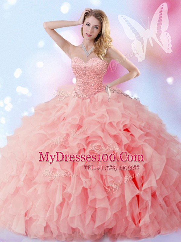 Watermelon Red Quinceanera Dress Military Ball and Sweet 16 and Quinceanera and For with Beading and Ruffles Sweetheart Sleeveless Lace Up