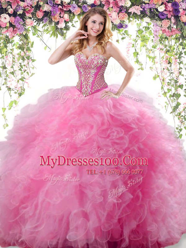 Rose Pink Sleeveless Beading and Ruffles Floor Length Sweet 16 Dresses
