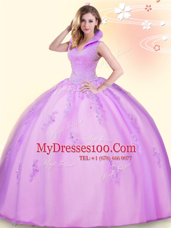 Noble Lilac High-neck Backless Beading and Appliques Ball Gown Prom Dress Sleeveless