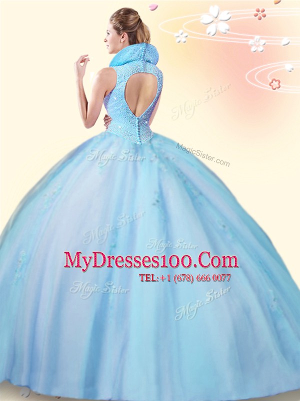 Noble Lilac High-neck Backless Beading and Appliques Ball Gown Prom Dress Sleeveless