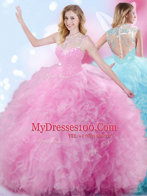 Lovely Floor Length Zipper Sweet 16 Quinceanera Dress Rose Pink for Military Ball and Sweet 16 and Quinceanera with Beading and Ruffles and Pick Ups