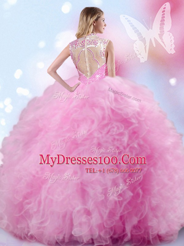Lovely Floor Length Zipper Sweet 16 Quinceanera Dress Rose Pink for Military Ball and Sweet 16 and Quinceanera with Beading and Ruffles and Pick Ups