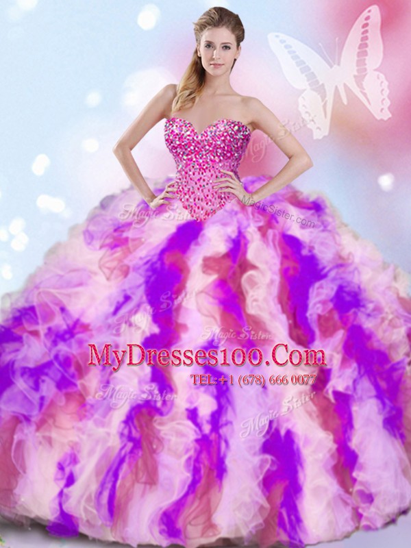 Designer Multi-color Organza Lace Up Sweet 16 Quinceanera Dress Sleeveless Beading and Ruffles
