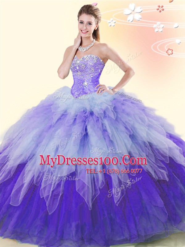 Noble Floor Length Lace Up Quinceanera Gowns Multi-color for Military Ball and Sweet 16 and Quinceanera with Beading and Ruffles