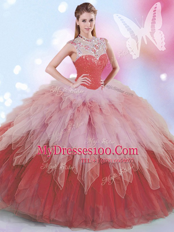 High-neck Sleeveless Tulle 15th Birthday Dress Beading and Ruffles Zipper