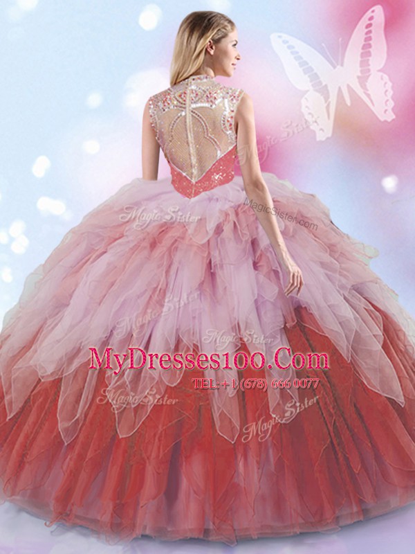High-neck Sleeveless Tulle 15th Birthday Dress Beading and Ruffles Zipper