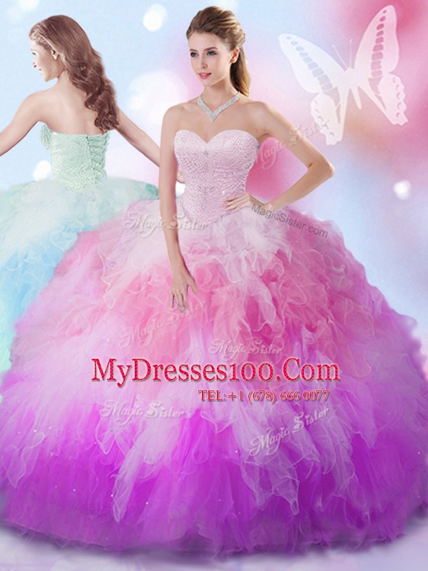 Inexpensive Floor Length Lace Up 15 Quinceanera Dress Multi-color for Military Ball and Sweet 16 and Quinceanera with Beading and Ruffles