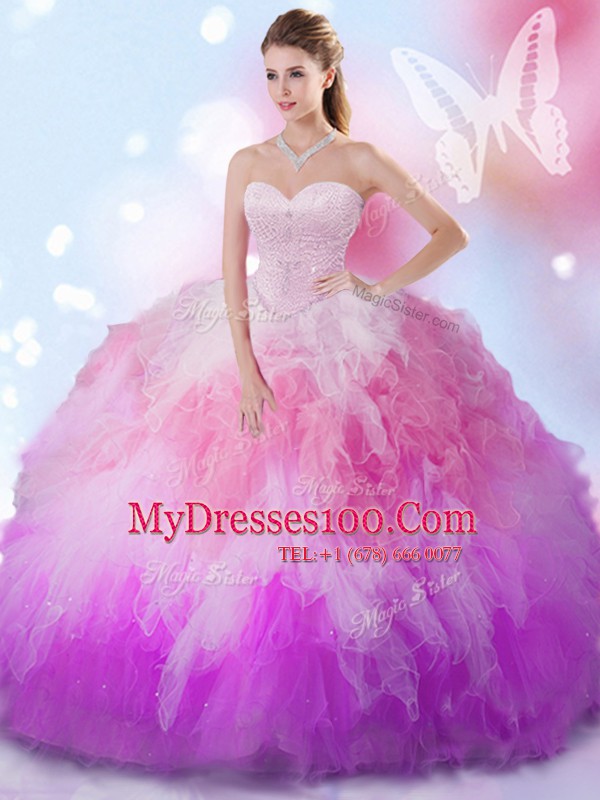 Inexpensive Floor Length Lace Up 15 Quinceanera Dress Multi-color for Military Ball and Sweet 16 and Quinceanera with Beading and Ruffles