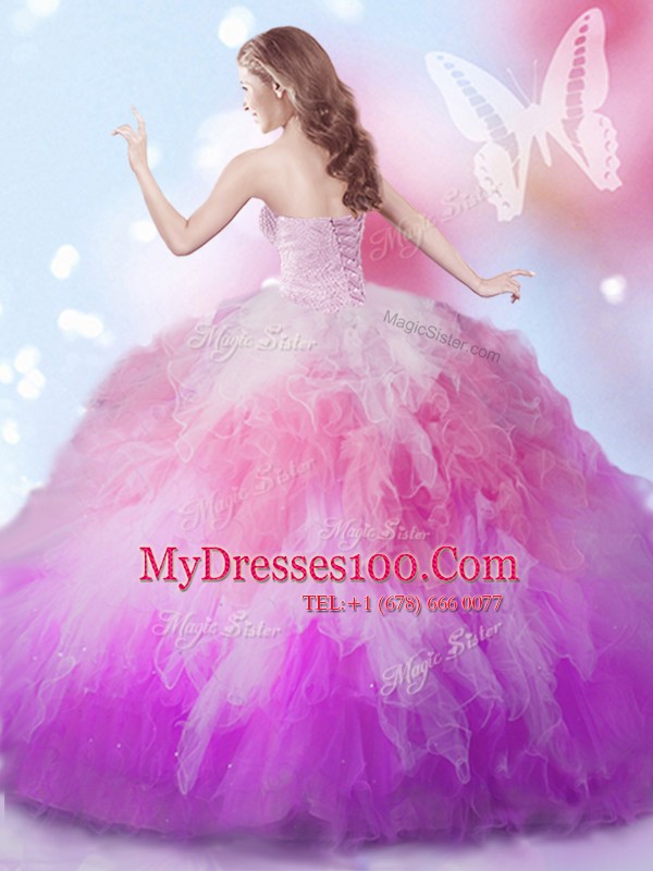 Inexpensive Floor Length Lace Up 15 Quinceanera Dress Multi-color for Military Ball and Sweet 16 and Quinceanera with Beading and Ruffles