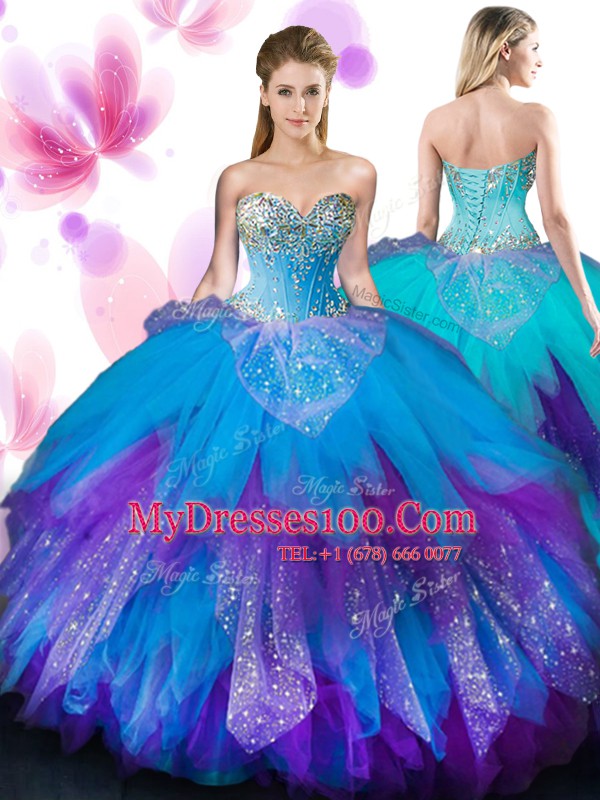 Pretty Multi-color Ball Gowns Tulle Sweetheart Sleeveless Beading and Ruffles Floor Length Lace Up 15th Birthday Dress