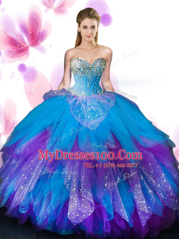 Pretty Multi-color Ball Gowns Tulle Sweetheart Sleeveless Beading and Ruffles Floor Length Lace Up 15th Birthday Dress