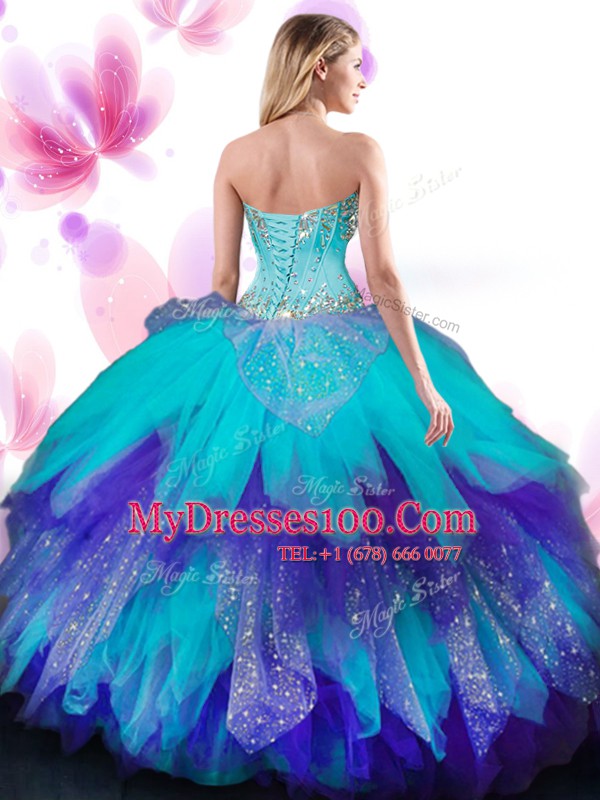 Pretty Multi-color Ball Gowns Tulle Sweetheart Sleeveless Beading and Ruffles Floor Length Lace Up 15th Birthday Dress