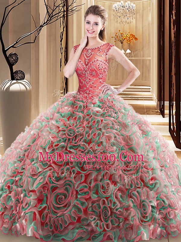 Most Popular Multi-color Ball Gowns Scoop Sleeveless Fabric With Rolling Flowers Brush Train Lace Up Beading 15th Birthday Dress