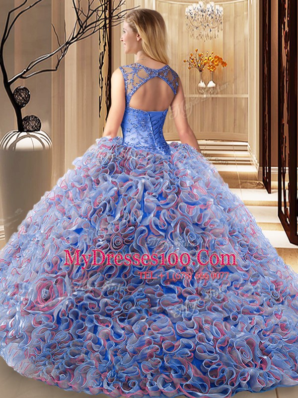 Most Popular Multi-color Ball Gowns Scoop Sleeveless Fabric With Rolling Flowers Brush Train Lace Up Beading 15th Birthday Dress